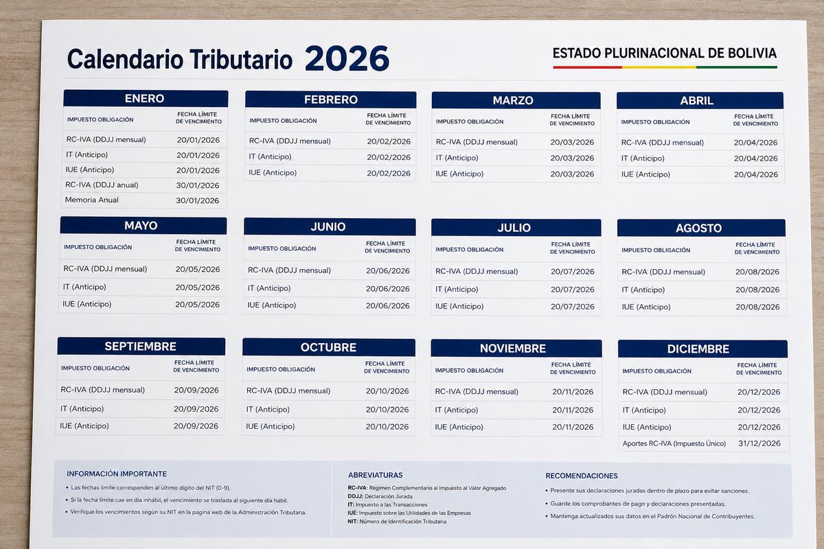 Calendario tributario SIN Bolivia 2026 para pymes: fechas y ritmo