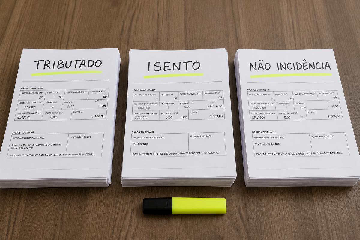 ICMS tributado, isento e não incidência Brasil 2026: como classificar sem erros
