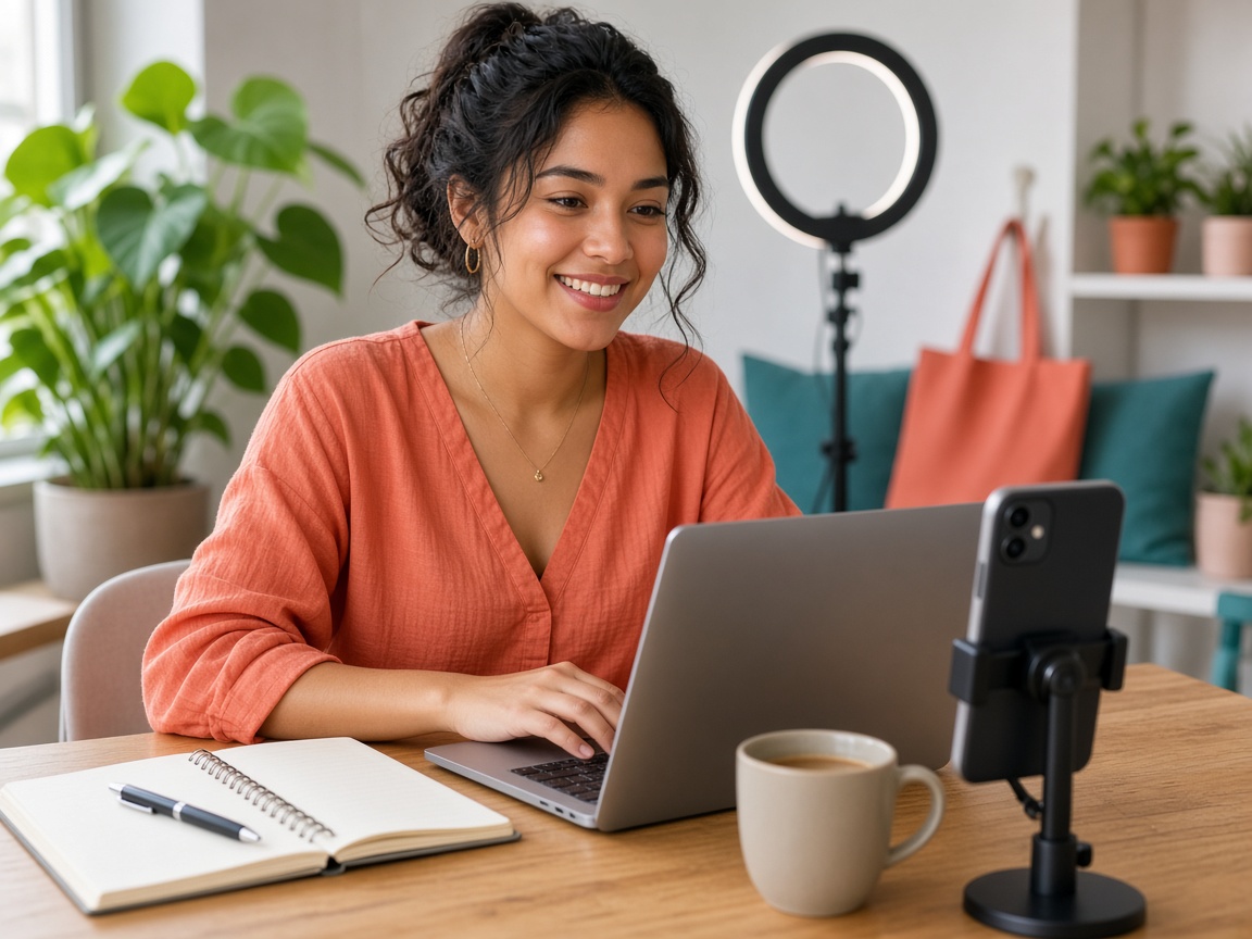 Creadora de contenido en su estudio con laptop, ring light y teléfono