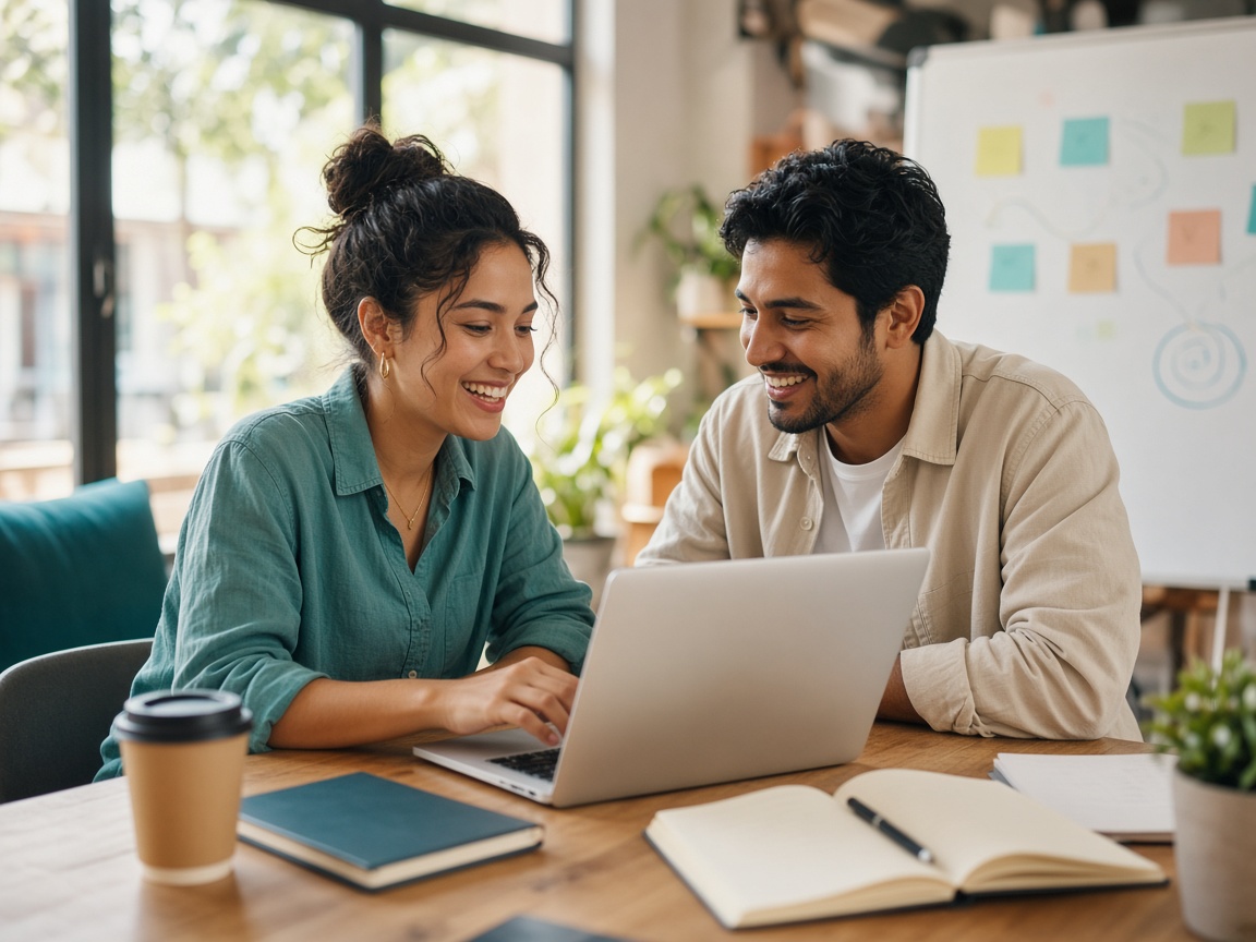 Fundadores de una startup colaborando en un espacio de coworking