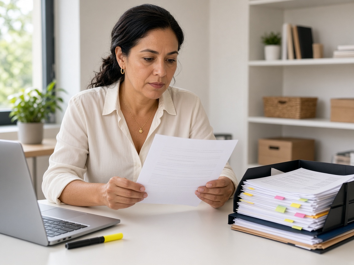 Emprendedora revisando expediente fiscal para una auditoría